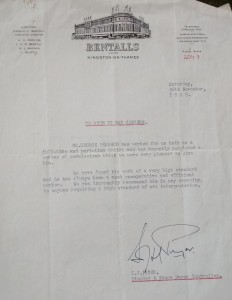 Letter of reference from Bentalls regarding mural work by George Pearson